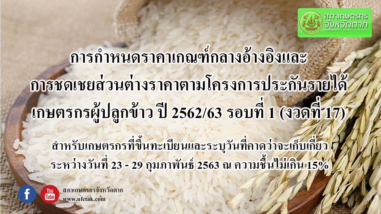 ประกาศคณะอนุกรรมการกำกับดูแลและกำหนดเกณฑ์กลางอ้างอิงโครงการประกันรายได้เกษตรกรผู้ปลูกข้าว