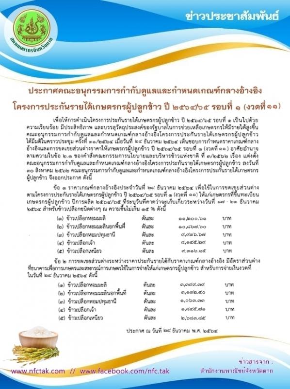 ประกาศคณะอนุกรรมการกำกับดูแลและกำหนดเกณฑ์กลางอ้างอิงโครงการประกันรายได้เกษตรกรผู้ปลูกข้าว รอบที่ 1 งวดที่ 11