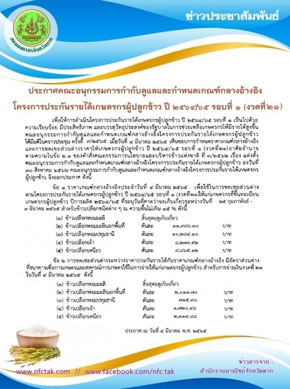 ประกาศคณะอนุกรรมการกำกับดูแลและกำหนดเกณฑ์กลางอ้างอิง โครงการประกันรายได้เกษตรกรผู้ปลูกข้าว ปี 2564/65 รอบที่ 1 (งวดที่ 21)