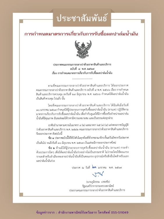 การกำหนดมาตรการเกี่ยวกับการรับซื้อผลปาล์มน้ำมัน