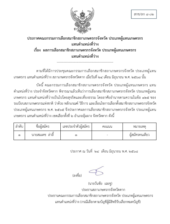 ประกาศคณะกรรมการเลือกสมาชิกสภาเกษตรกรจังหวัด ประเภทผู้แทนเกษตรกร แทนตำแหน่งที่ว่าง